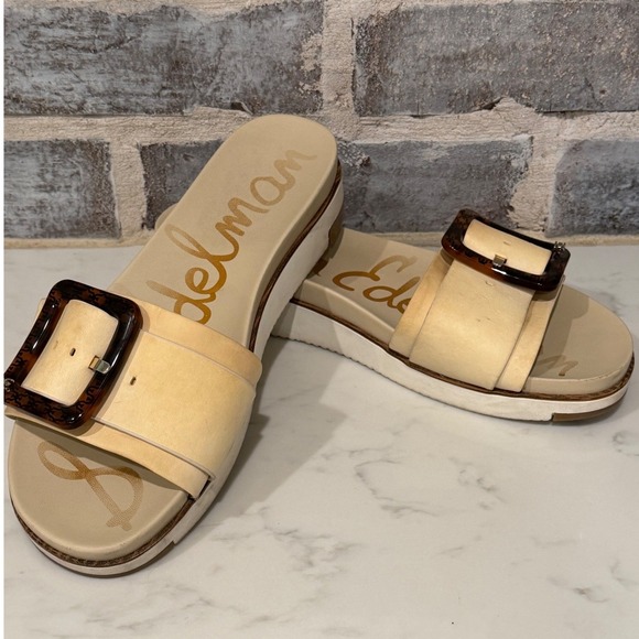 Sam Edelman Shoes - Sam Edelman Womens Adaley Leather Buckle Platform Slide Sandals Cream Beige 10